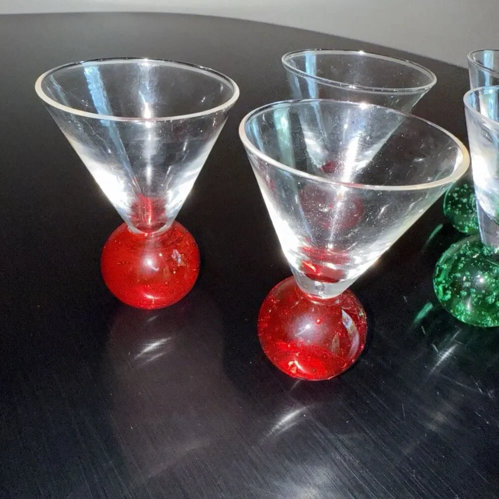 6 Vintage Glasses Italian Retro Blown Bubble Bar Cordial Shot Glass Red & Green